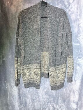 Open-Front Gray and Cream Patterned Women's Cardigan